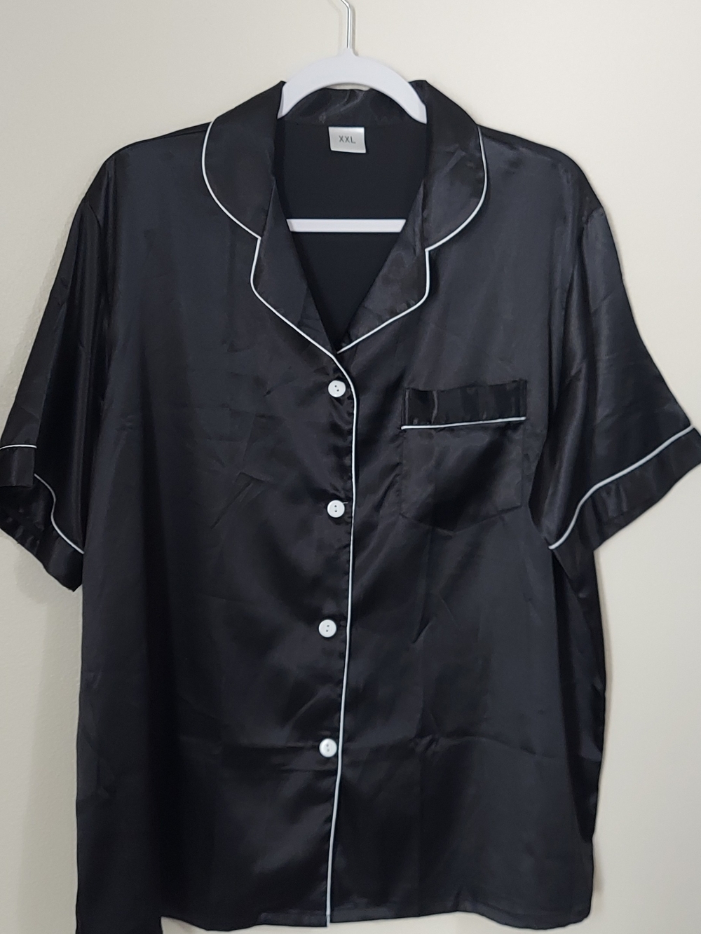 Satin Short Sleeve Pajama Shirt(only)with White Piping - Black